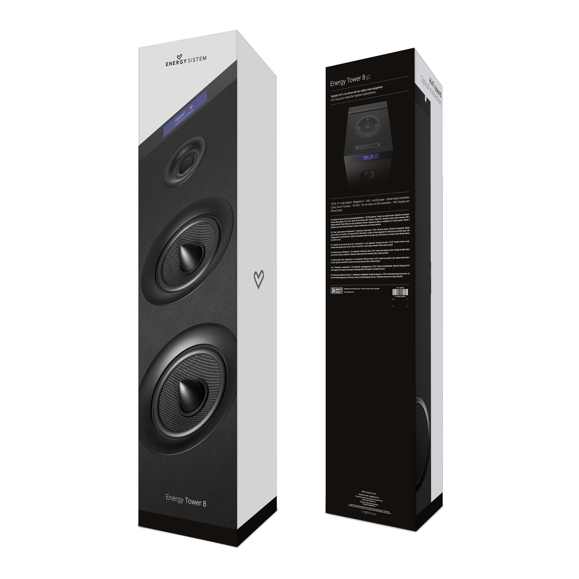 Packaging of Hi-Fi sound tower speaker.